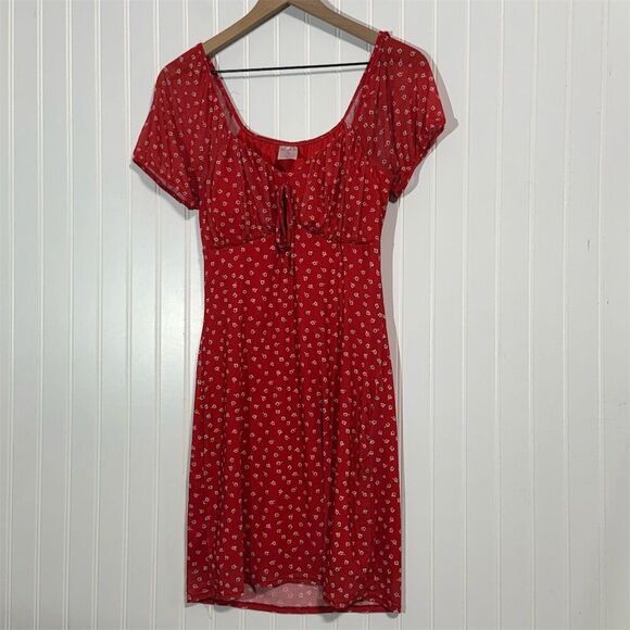No Boundaries Red Mesh Mini Dress M Puff Sleeve Milkmaid Fairycore Coquette Y2K - Picture 1 of 8
